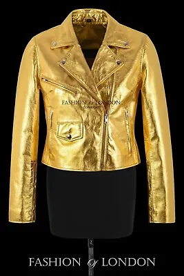 £89.10 • Buy Women's Brando Metallic Foil Golden Slim-fit Biker Leather Jacket Emma Watson