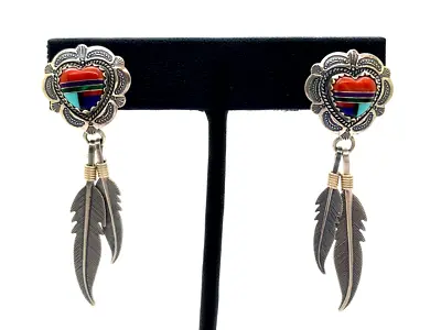 QT Signed Multi-Stone Inlay Heart Sterling Leaf Earrings • $39