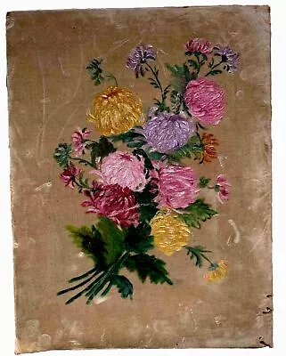 Antique Victorian Still Life Chrysanthemums FLOWERS Oil On Velvet Painting 15x20 • $38