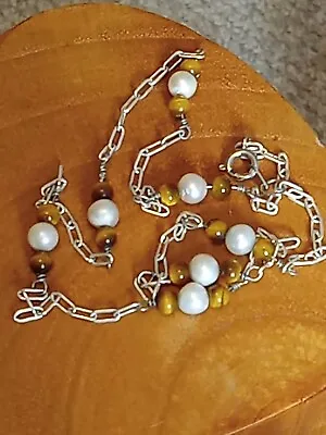 Vintage Sterling Silver Necklace Chain With Pearls Tigers  Eye  Stone Beads Old • $69