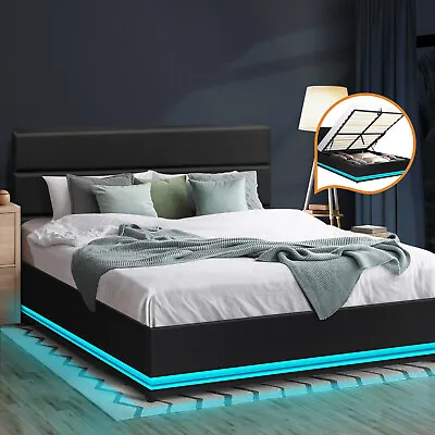 $419.90 • Buy Oikiture Bed Frame Queen Double King Size RGB LED Gas Lift Base With Storage