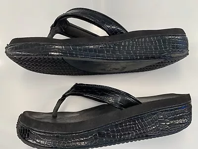 VOLATILE Sz 7 Black FLIP FLOP Leather Wedge Platform Sandals Croc Print Glossy • $15.99