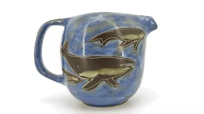 Design By Mara Studio Pottery Large Blue Pitcher W Spout Whales Mexico 6.5 Tall • $29