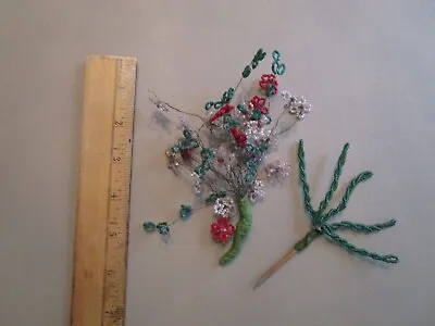 Vintage Hand Beaded Flowers - Floral Spray With Green Leaves • $12.50