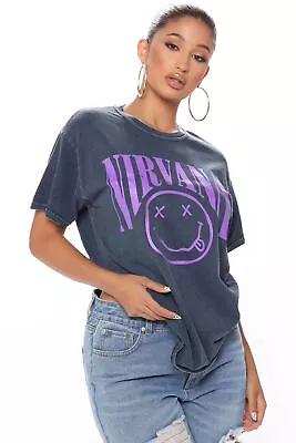 Nirvana Women's Vintage Washed Smile Oversized Relaxed Boyfriend Fit Tee T-Shirt • $30.48