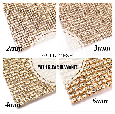 Iron On Diamante Transfers Strips Hot Fix Rhinestone Mesh Crystal Gold Base Trim • $9.17