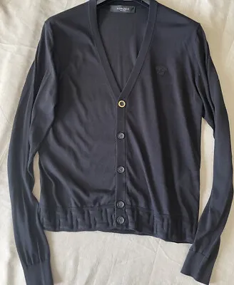 VERSACE Men’s Greca Accent Silk Cardigan Black MEDUSA Sweater RARE Ultimate • $398