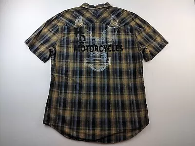 Harley Davidson Slim Fit Custom Shirt Men L Brown Plaid Short Sleeve Embroidered • $36.88