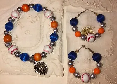 Baseball Basket Ball  Silver Sports Beads Bracelet Earring Set Blue Orange White • $29