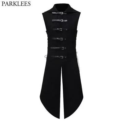 Men Black Gothic Steampunk Velvet Vest Medieval Tail Coat Stage Cosplay Costume • $37.73