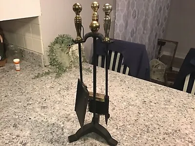 Vintage Metal Fireplace Tool Set Broom-Poker-Shovel-Iron Base W/ Gold Tones 21” • $21.86