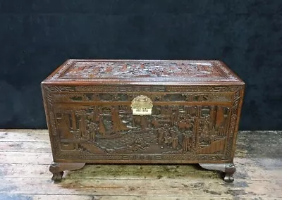 Antique Chinese Chest Oriental Carved Camphor Wood Teak Blanket Box Restored • £870