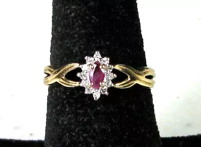 Petite 10Kt Yellow Gold Ring - Marquise Ruby & 12 Super Diamonds - Size 7  #EB23 • $237