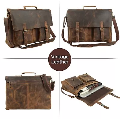 Retro Buffalo Leather Laptop Briefcase Messenger Office Computer Shoulder Bag • $132.64