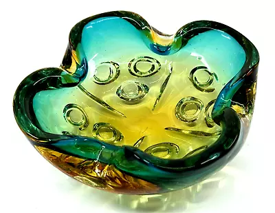 Vintage MURANO Art Glass BOWL Folded PINCHED Circles TEAL YELLOW 60s MCM Ashtray • $45