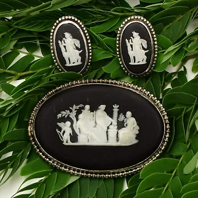 Sterling Silver Vintage Wedgewood Jasperware Cameo Brooch & Earrings • $130