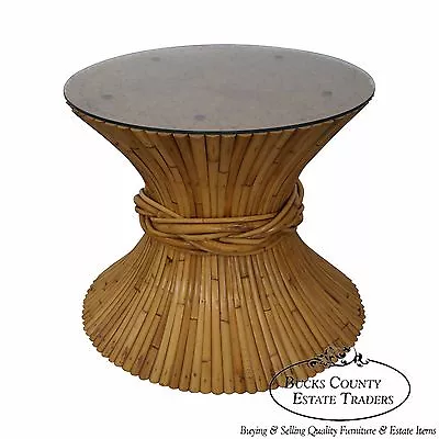 McGuire Sheaf Of Wheat Bamboo Rattan Round Glass Top Coffee Table • $1795