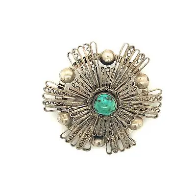 Antique Signed Sterling Made In Palestine Turquoise Stone Filigree Ornate Brooch • $95