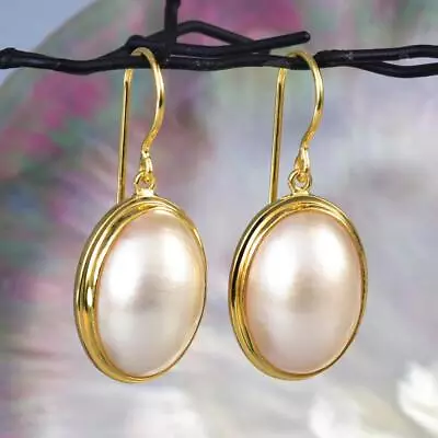 Earrings White Mabe Pearl Oval & 18K Gold Vermeil Over 925 Sterling Silver 5.58g • $72