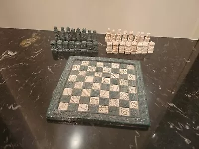 Vintage Mini Chess Mayan Aztec Tile Green Stone Carved Chess Set 6  • $83.49