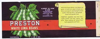 Preston White Lima Bean Vintage Can Label Albert W Sisk & Son Aberdeen MD • $1.99