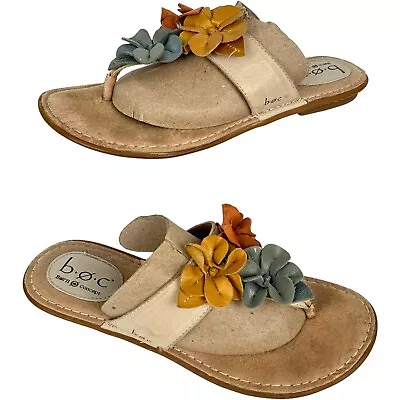 BOC Born Concept Women's Flat Flip Flops Thong Size 8M Cream Leather Flowers • $15.95