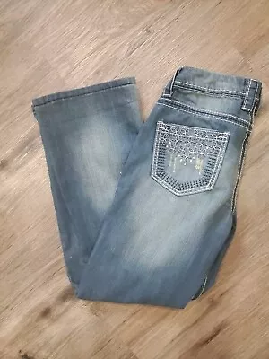 Cowgirl Up Jeans Women's Size 28X 28 Bootcut Blue Denim Floral Embroidered BLING • $12.95