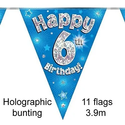 Happy 6th Birthday Holographic Triangular Party Foil Banner Bunting - 6 Blue • £3.49