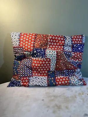 Vintage Handmade Patchwork Thin Throw Pillow Red White Blue Floral Daisy • $24.99