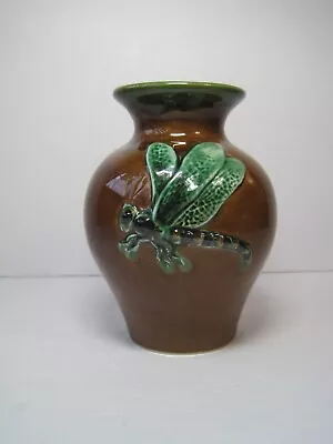 Brown Green Ceramic Vase Green Embossed Dragonfly 5.5  Tall • $12.90