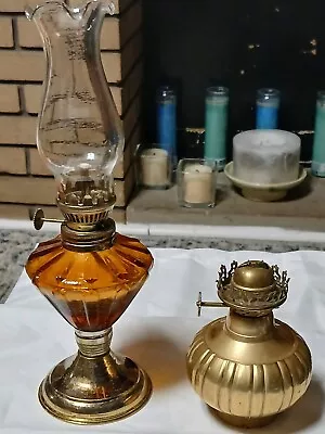  2 Vintage Mini Oil Lamps - Amber Glass & Solid Brass Fluted Body( No Chimney ) • $19.95