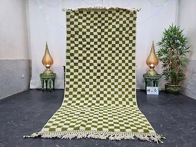 Moroccan Handmade Beni Ourain Rug 4'1 X8'7  Berber Checkered Green White Carpet  • $408