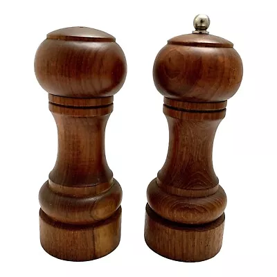 Vintage Spindle Teak Wooden Salt & Pepper Shakers Stainless Steel Grinder • $14.50