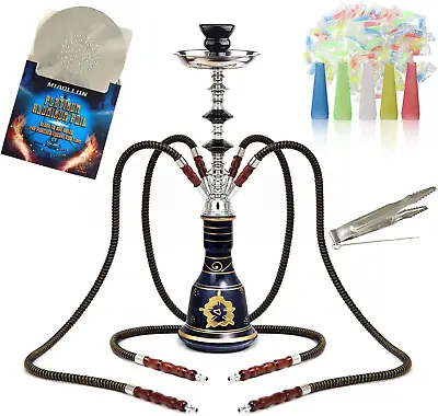 Portable 4-Hose Shisha Hookah Set - Glass Vase 100 Tips 50 Foil Black • $36.49