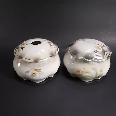 Vintage Porcelain Vanity Hair Receiver & Trinket Jar Set Calla Lily Lusterware • $18.99