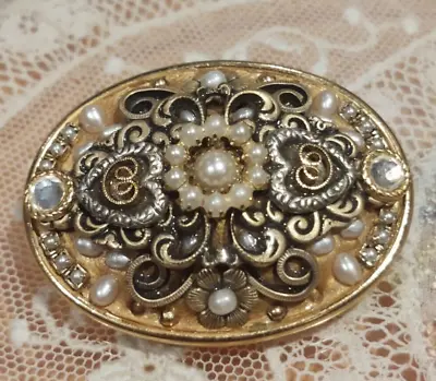 Vintage Signed Michal Golan Victorian Style Pearl And Crystal Brooch & Pendant • $34.99