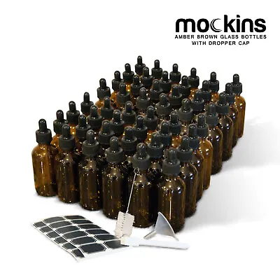 Mockins 48 Pack Amber 2 Oz Dropper Glass Bottles With Funnel Brush & Labels • $36.99
