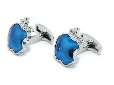 £7.99 • Buy Silver Blue Apple Cufflinks For Men And Women With FREE Gift Pouch 