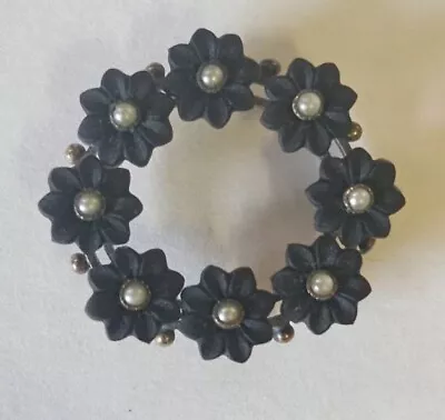 Victorian Mourning  Gutta Percha? Pearl & Black Flower Wreath Pendant Brooch  • $60