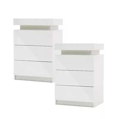 La Bella 2X Bedside Table 3 Drawers RGB LED Bedroom Cabinet Nightstand Gloss • $189