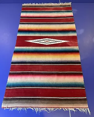 Vintage Wool Serape Saltillo Mexican Woven Runner Scarf 22x43 Fringe Rug Blanket • $34.95