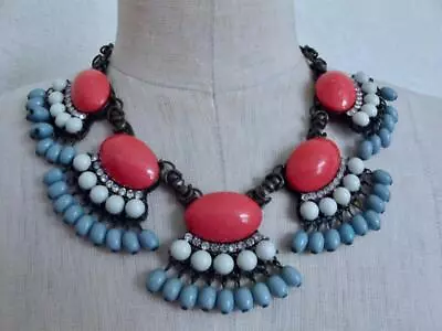 J. Crew Statement Fan Fringe Necklace Blue Coral Orange Beads Rhinestones • $21.99