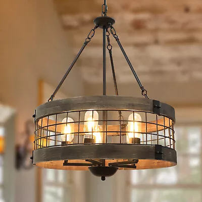 19inch 5-Light Rustic Farmhouse Chandeliers Island Wood Cage Drum Pendant Light • $105.99