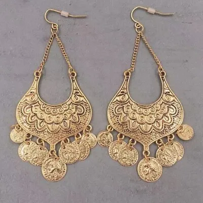 9cm Long BOHO Roman COINS Drop Dangle Coin EARRINGS Antique VINTAGE GOLD PLATED • £3.99