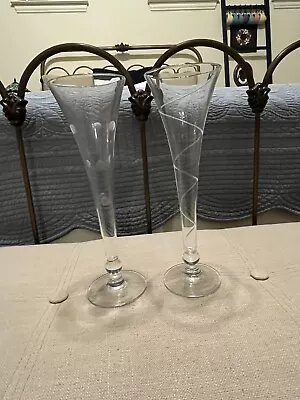 Vintage Etched Cut In Polka Dot Tall Champagne Glasses Barware 10oz. • $29.99