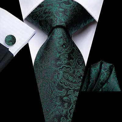 Hi-Tie Mens Tie Solid Paisley Striped Silk Necktie Handkerchief Set Wedding • £9.59