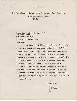 1948 Letterhead & Letter Con Chollar Gould & Savage Mining Co Virginia City NV  • $19.99