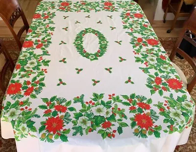 $10.99 • Buy Vintage 1960s Fallani & Cohn Christmas Tablecloth 60 X 80 Holly Poinsettias Pine