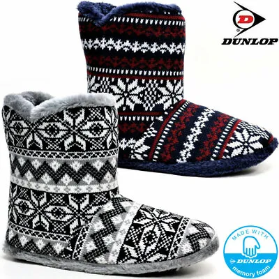 Mens Slippers Dunlop Ankle Fleece Fur Warm Lined Fairisle Memory Foam Boots Shoe • £14.99