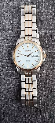 Seiko Solar 100m Watch Men Two Tone White Dial Daydate 39mm Round V158-0AD0 • $24